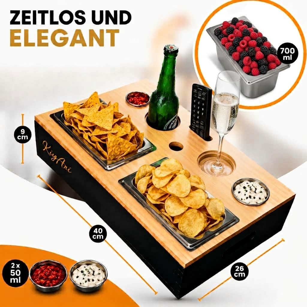 Couchbar Snackbox de bambú, 2 soportes para bebidas, 2 cuencos para aperitivos, soporte para teléfono móvil