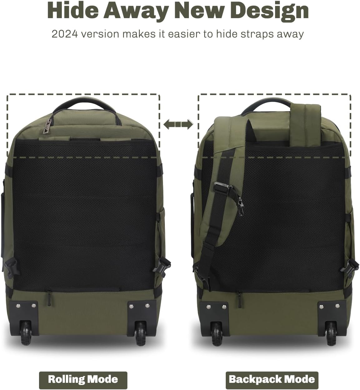 Hynes Eagle Rolling Backpack 42L Backpack with Wheels Airline Approved Carry on Luggage Laptop Travel Suitcase Bag for Women Men Dark Green