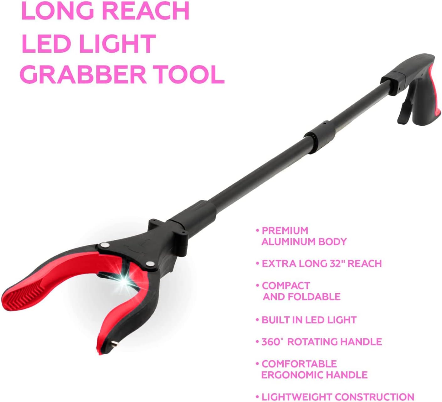 Grabber Reacher Tool 32" Aluminum Magnetic Claw with LED Light, Reacher Grabber Pickup Tool, Foldable Gripper Grabbers for Elderly Grab it Reaching Tool, Trash Grabbers Pickers, Red, By Luxet 2-Pack