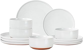 GZG Modern Art Series - 12 Pcs Speckled Stoneware Plates and Bowls Sets, Ceramic Dinnerware Set with Rustic Terracotta Underside, Microwave and Dishwasher Safe Handcrafted Dishes Set - Porcelain White