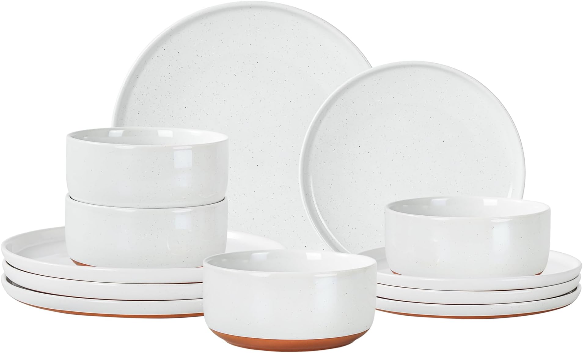 GZG Modern Art Series - 12 Pcs Speckled Stoneware Plates and Bowls Sets, Ceramic Dinnerware Set with Rustic Terracotta Underside, Microwave and Dishwasher Safe Handcrafted Dishes Set - Porcelain White