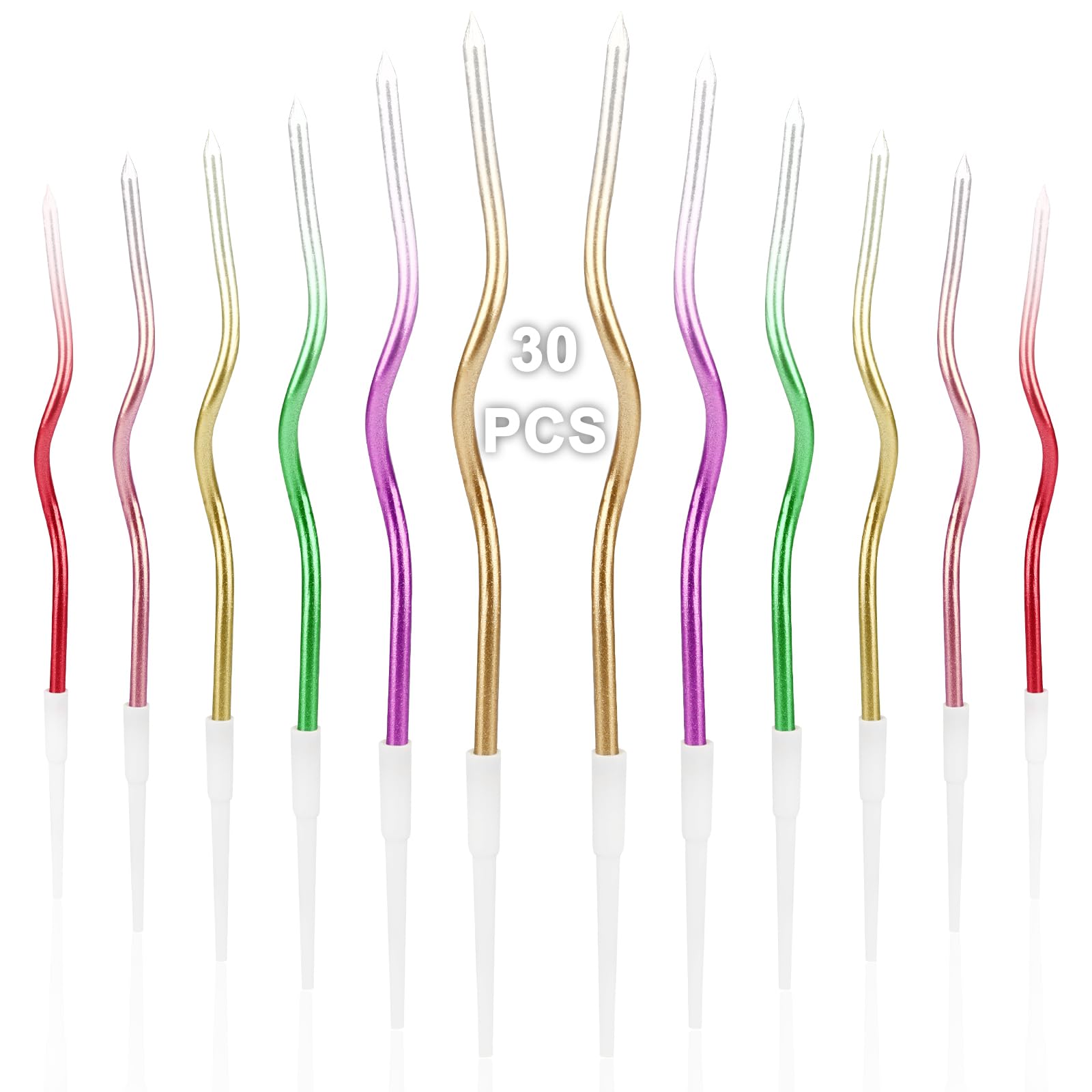 30 PCS Twisty Birthday Candles, Spiral Metallic Cake Candles, Thin Long Coil Cupcake Candles with Holders for Birthday Wedding Party, Gradient Metallic Colors
