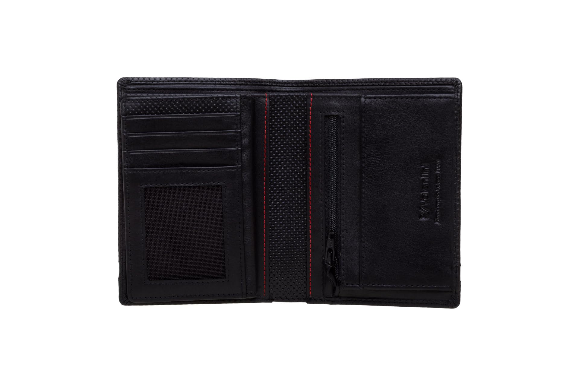 Valentini Portfel Męski - 14 Przegródek na Karty i Dokumenty - Ochrona RFID - Skóra Naturalna - 9,5 x 12,8 cm Czarny Perforated