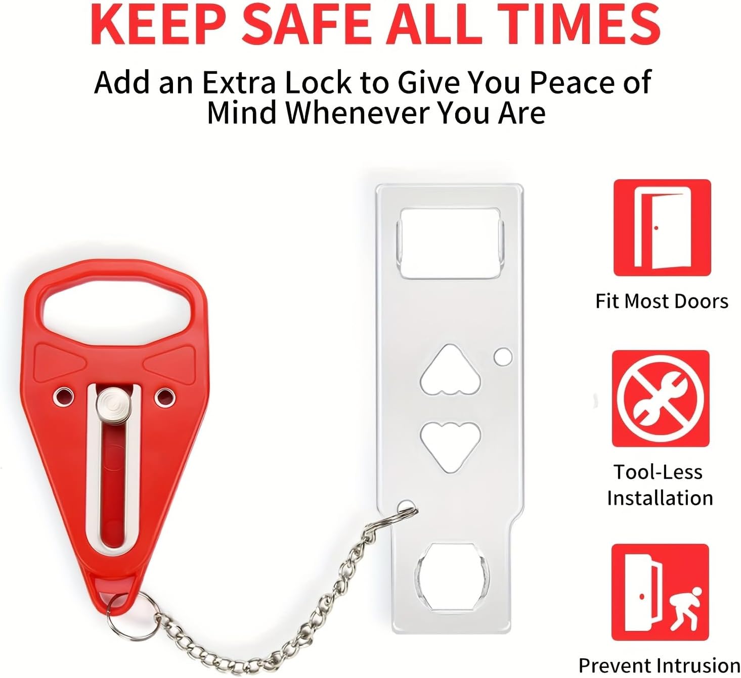 Durable Portable Travel Door Lock - Ideal for Home, Apartment, Hotel, Motel, Dorms & Houses - Plastic/Metal Construction (red)