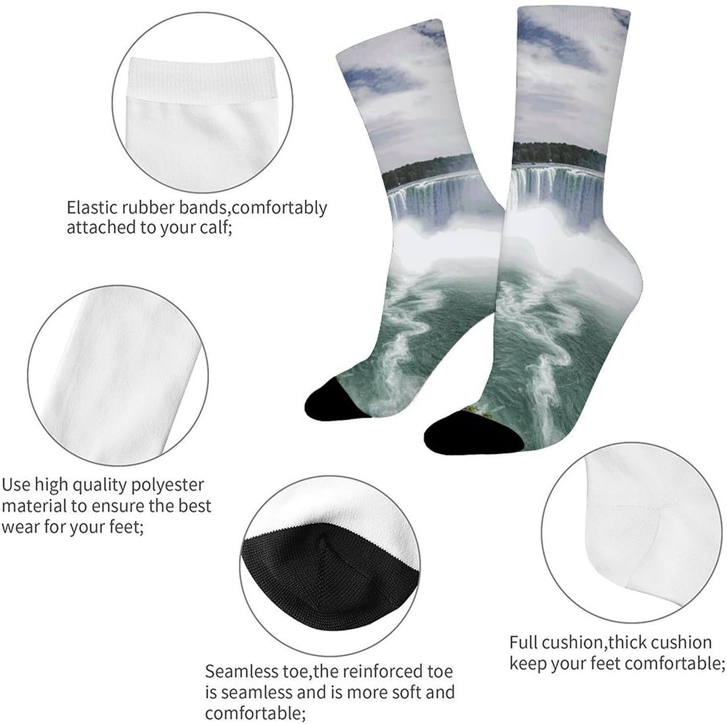 Breathable Sports Socks, Moisture Wicking, Lightweight Crew Socks | Niagara Falls Athletic Calf Socks for Women Men, Casual, Anti-Slip, Multifunctional Work Socks