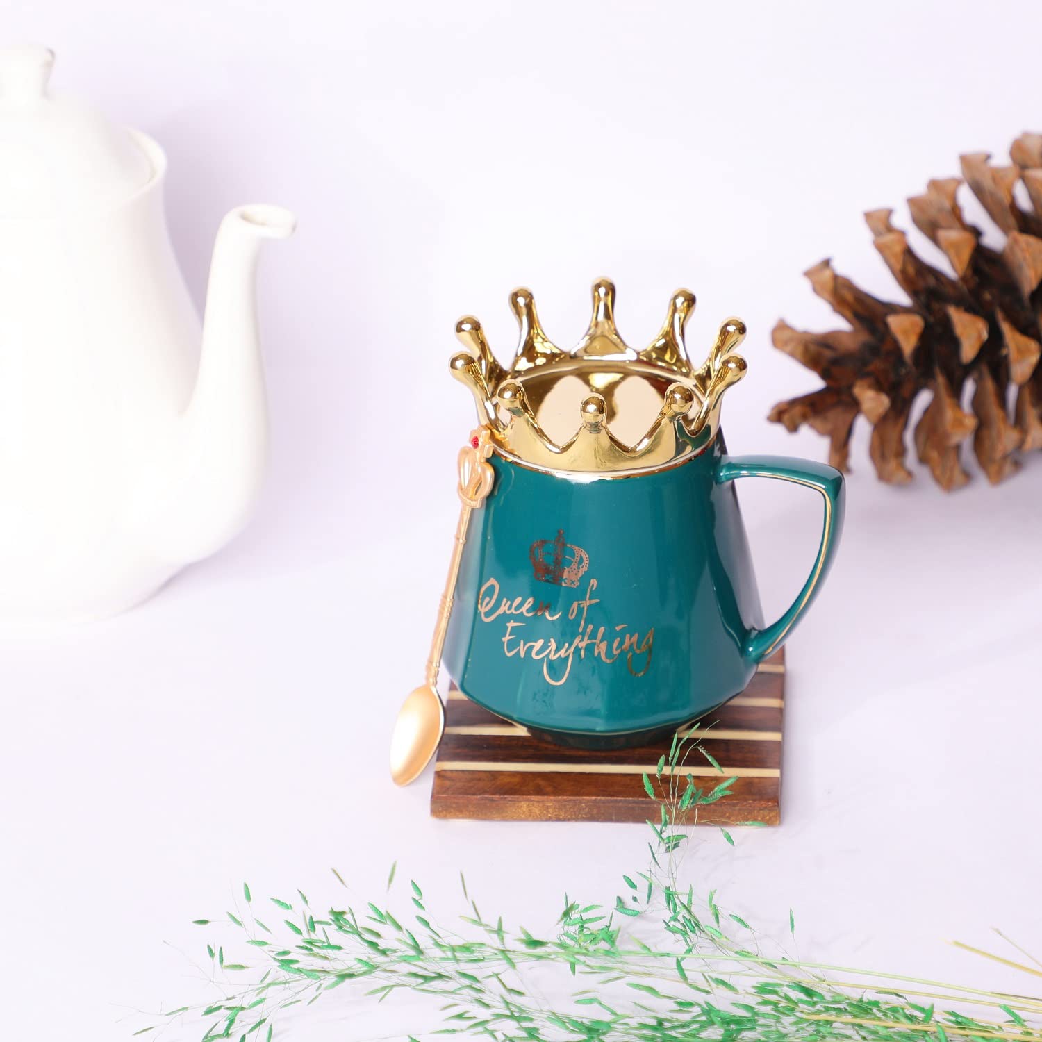 NYRWANA Coffee Mug, Birthday Gifts for Women, Mugs for Present, Rakshabandhan Gift for Sister, Ceramic Mug, Cute Coffee Mugs, Queen of Everything Mug with Golden Crown & Spoon (350ml-Green)
