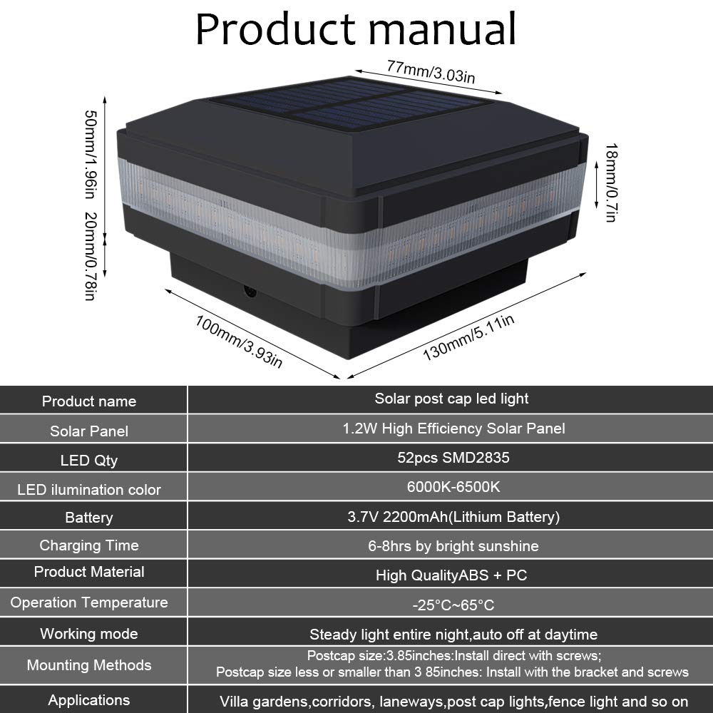 GEYUEYA Home Solar-Pfostenleuchten, Solar-Pfostenkappenleuchten, Zaunleuchten für den Außenbereich für 10,2 x 10,2 x 12,7 x 15,2 x 15,2 cm, Holzpfosten, Deck, Terrasse, Garten, Hof, Dekor