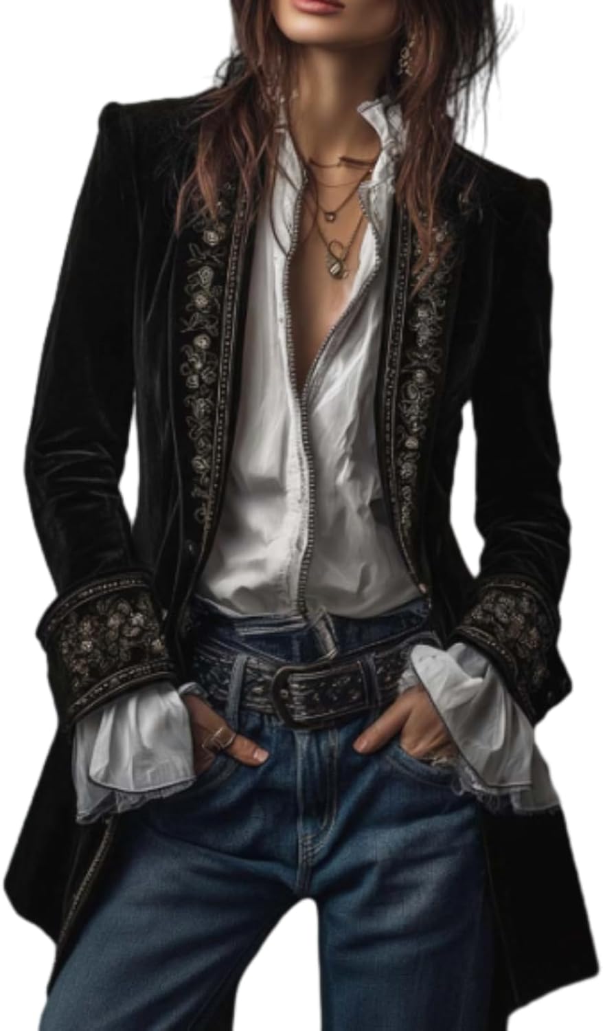 Women's Velvet Floral Embroidered Blazer Jacket Vintage-Inspired Tailored Long-Sleeve Coat