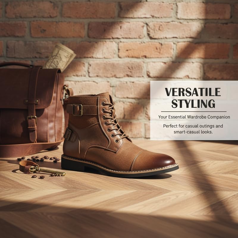 Men's Cap Toe Combat Boots Lace-Up Ankle Boots with Buckle Straps Retro Work Boot Design