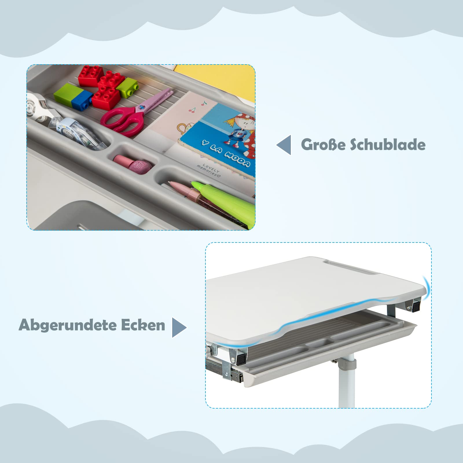 DREAMADE Kinderschreibtisch höhenverstellbar, Schülerschreibtisch Jugendschreibtisch neigungsverstellbar, Schreibtisch Set für Kinder mit Stuhl und Schublade, für Jungs & Mädchen (Grau)