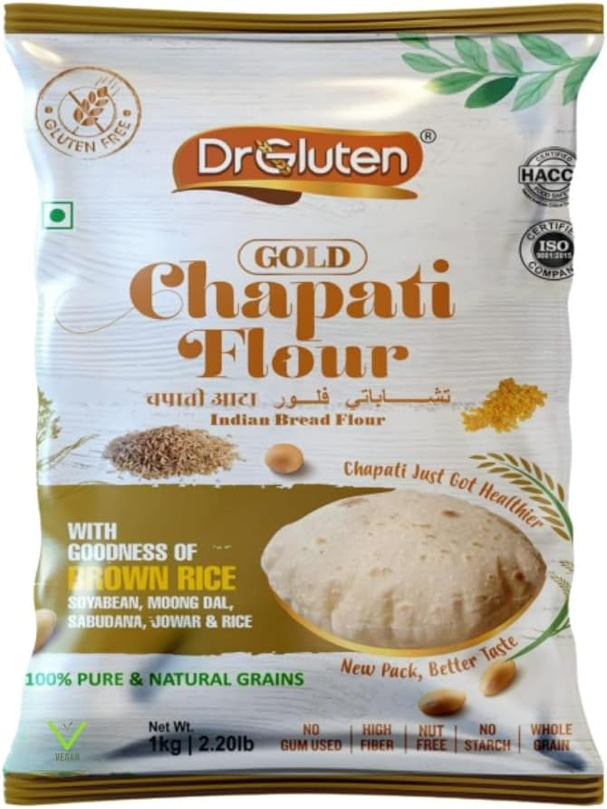 Dr. Gluten Multigrain Gold Gluten-Free Flour Atta 1kg- Tested Gluten Free Healthy Atta | High Fiber & Protein | Antioxidants With Goodness of brown rice | Soya Free | Suitable for Celiac | Easy to digest | Versatile & Perfect for Rotis, Parathas and Weight management Diet | 1kg Pack