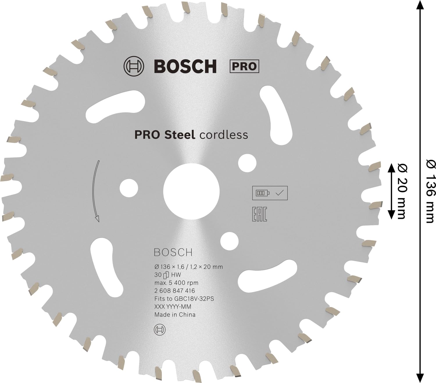 Bosch 1x PRO Steel Akku-Bewehrungsstahlschneider, 136 x 1,6/1,1 x 20 (für Stahl, Ø 136 mm, Professional Zubehör Armierungsschneider)