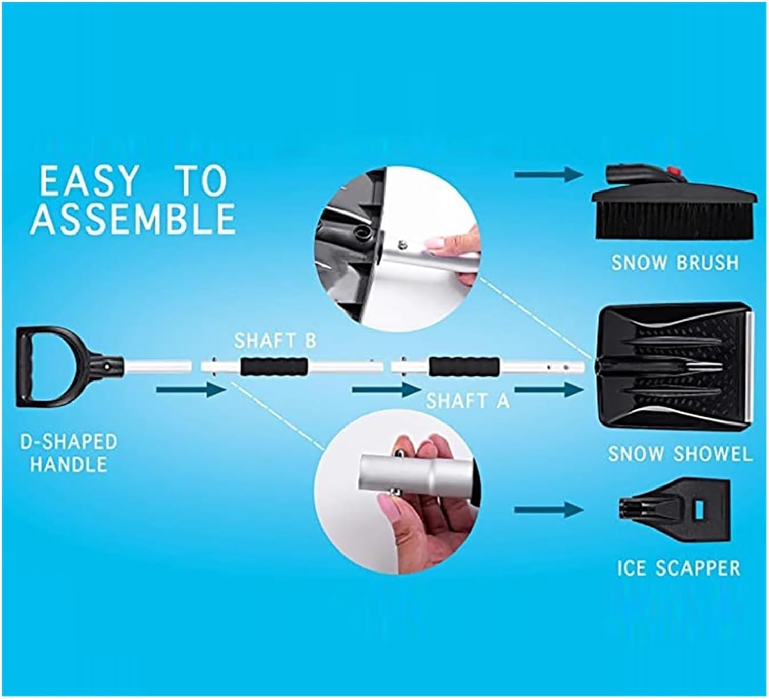 4-in-1 Aluminum Alloy Snow Brush Telescopic Car Shovel Ice Scraper with Safety Hammer Winter Removal Tool for Automotive Truck Windshield Window Scratch-Resistant