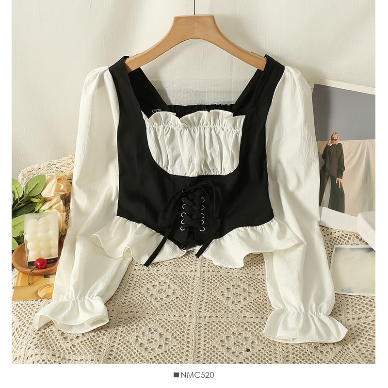 Image of ICW Women French Style Retro Vintage Lace-Up Layered Fake Two-Piece Puff Sleeve Ruffled Crop Blouse Corset Top Dn88