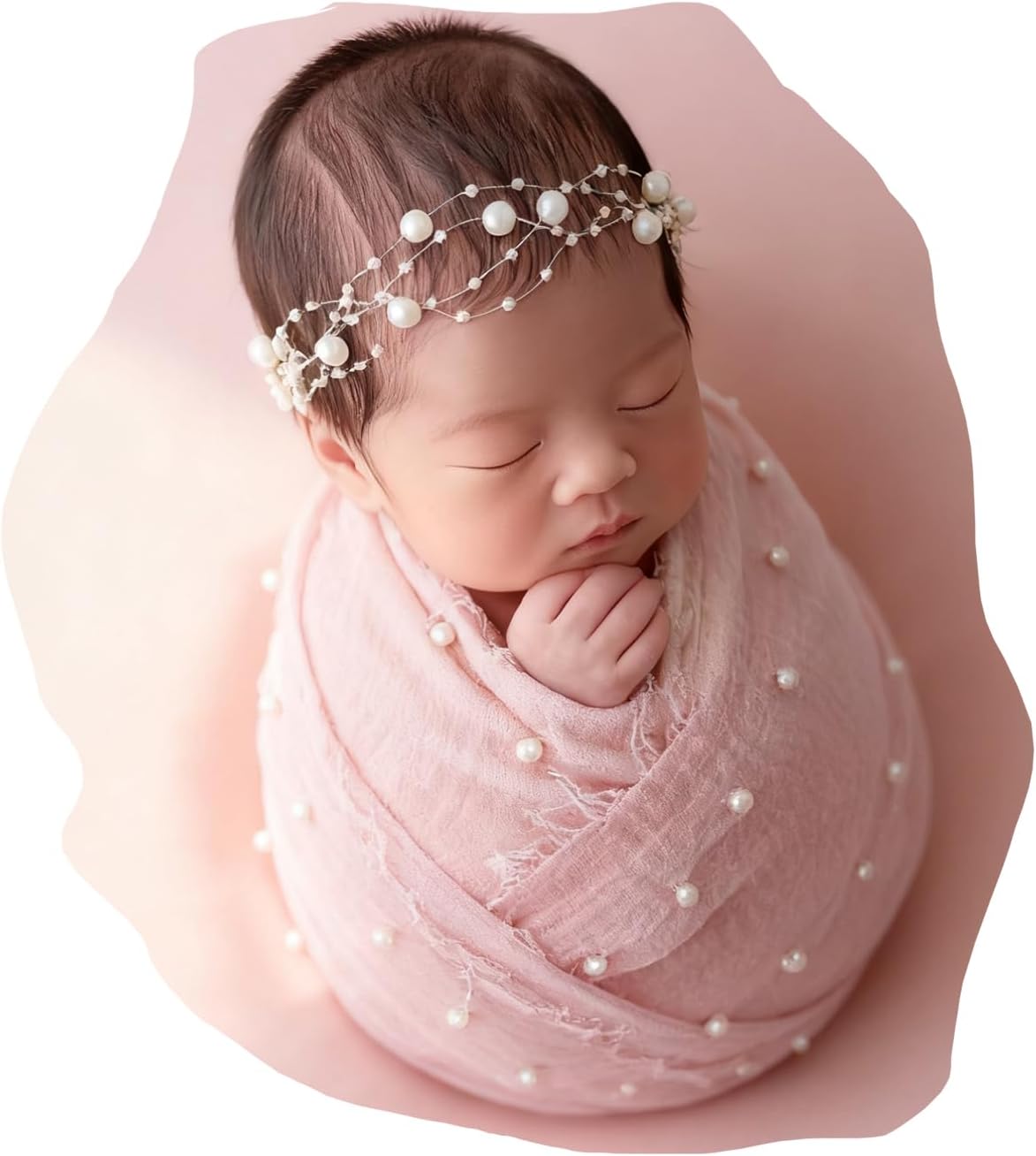Newborn Photography Props Outfits Baby Girls Boys Photo Shoot Wrap Pearl Raw Edge Swaddling Blanket & Headband Set (White)
