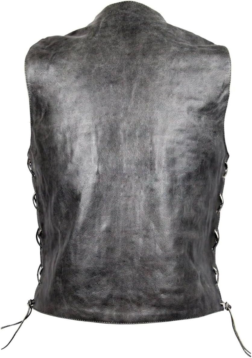 High Mileage Mens Distressed Premium Cowhide Ten Pocket Leather Motorcycle Vest with Dual Conceal Carry Pockets - Image 4