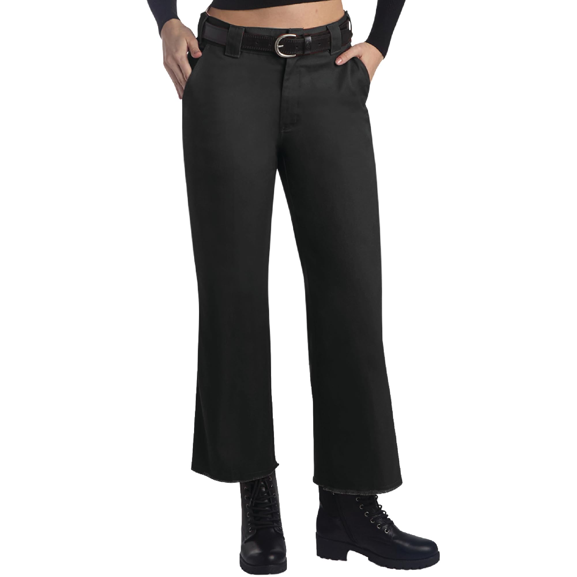 Dickies Womens Work Pants - High Waisted Regular Fit Wide Leg Crop Pants for Women, Frayed Hem Capri Pants for Women