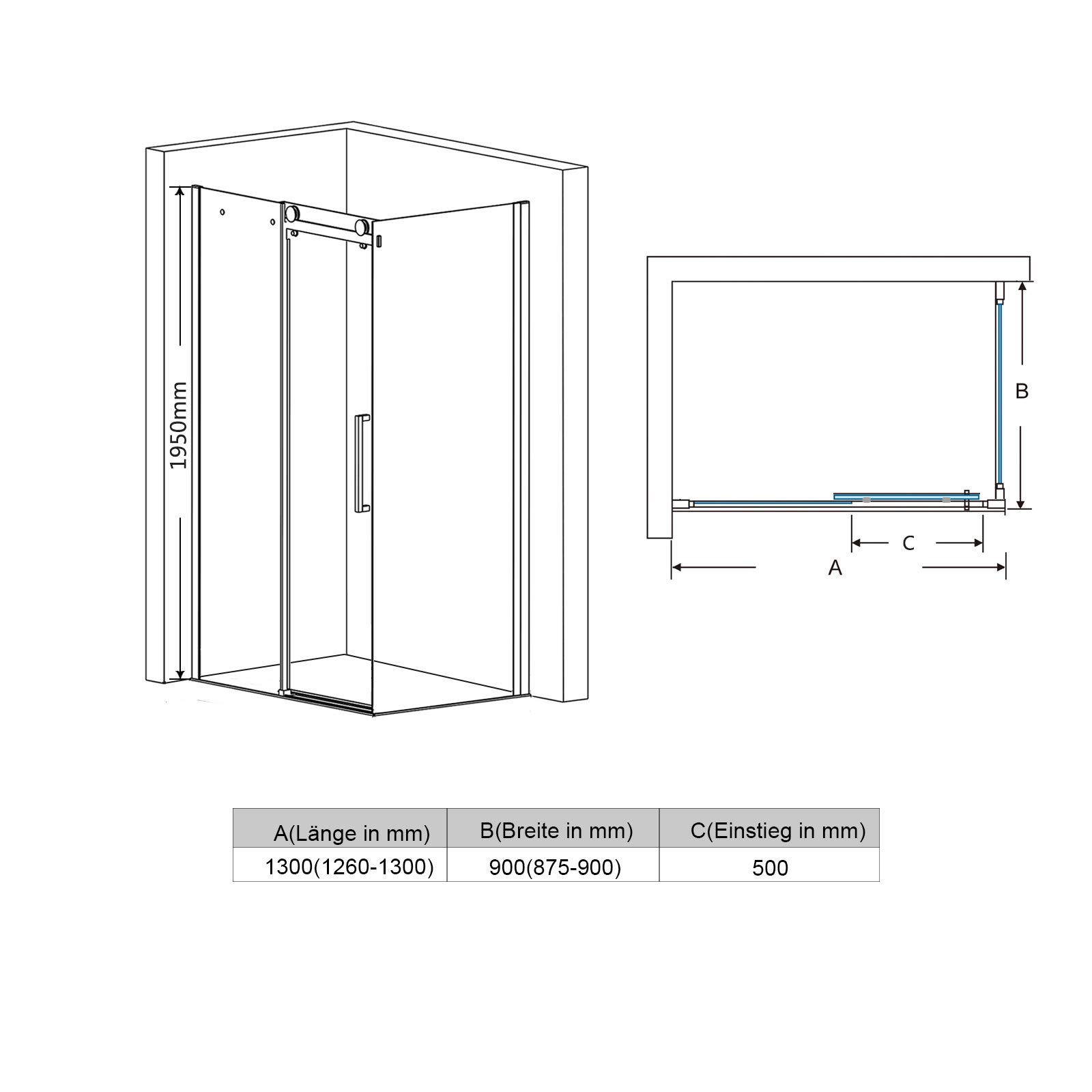 Kabina prysznicowa 130 x 90 x 195 cm z drzwiami przesuwnymi ścianka prysznicowa z 8 mm ESG Nano Glass