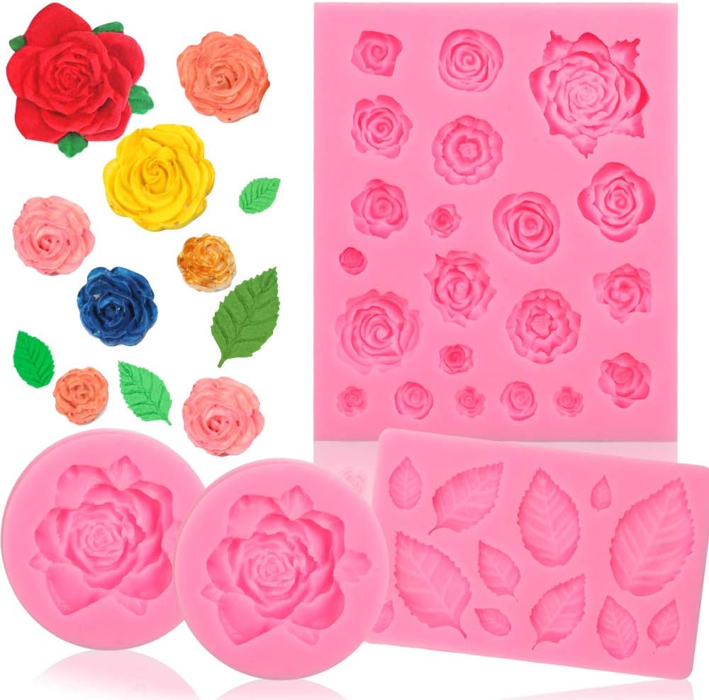 BAKHUK 35 Cavity Rose Flower and Leaves Fondant Candy Mold, Silicone Melt Candy Mold for Chocolate, Wedding and Birthday Cake Decoration