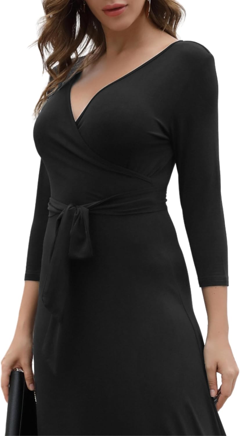 Aphratti Women's Maxi Dress with Sleeves - Faux Wrap Soft Stretchy Flowy Long Dress for Everyday Casual Outfits