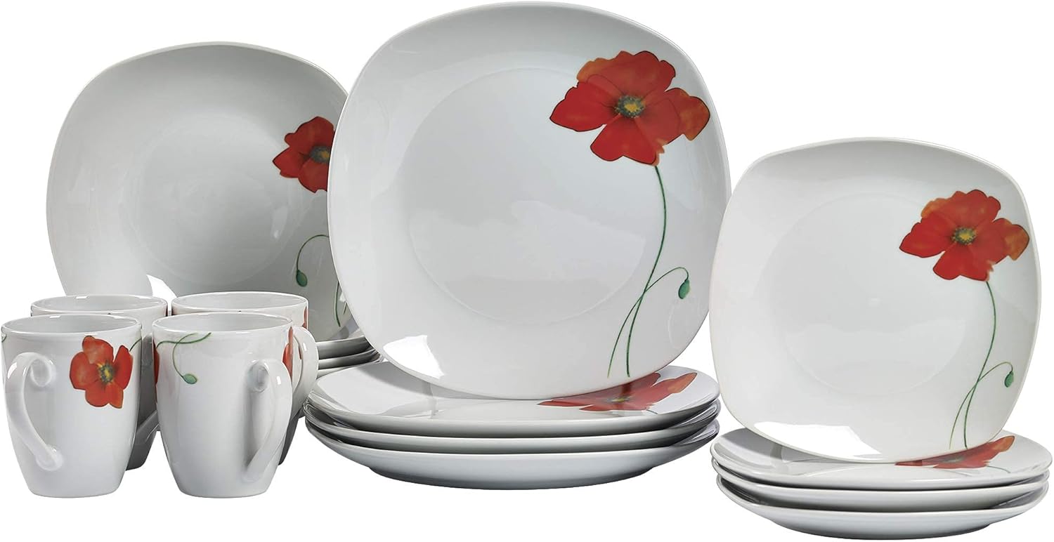 Tabletops Gallery Poppy - 16 Piece Square Dinnerware Set, Service of 4