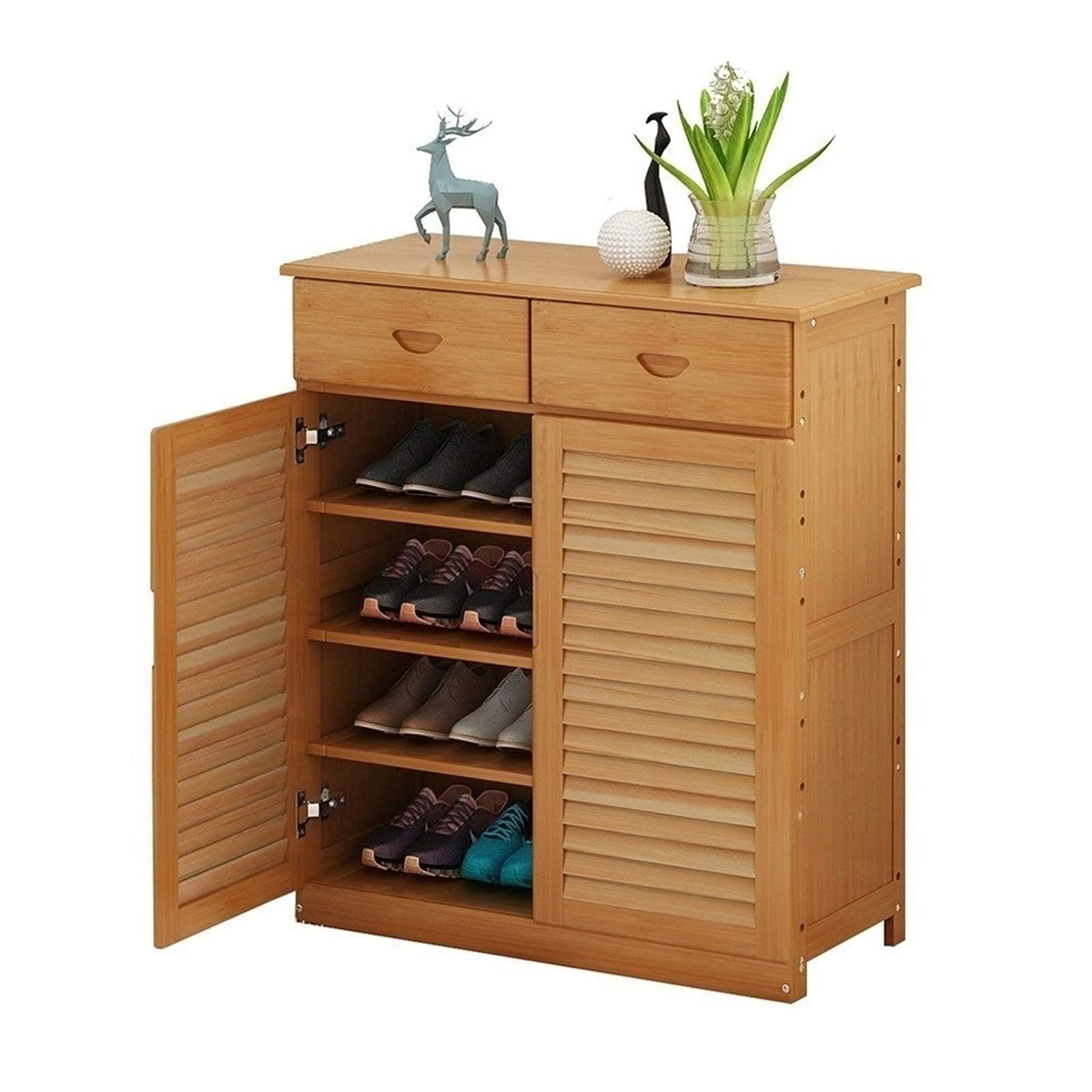 Étagère à chaussures en bambou avec portes et tiroir de rangement
