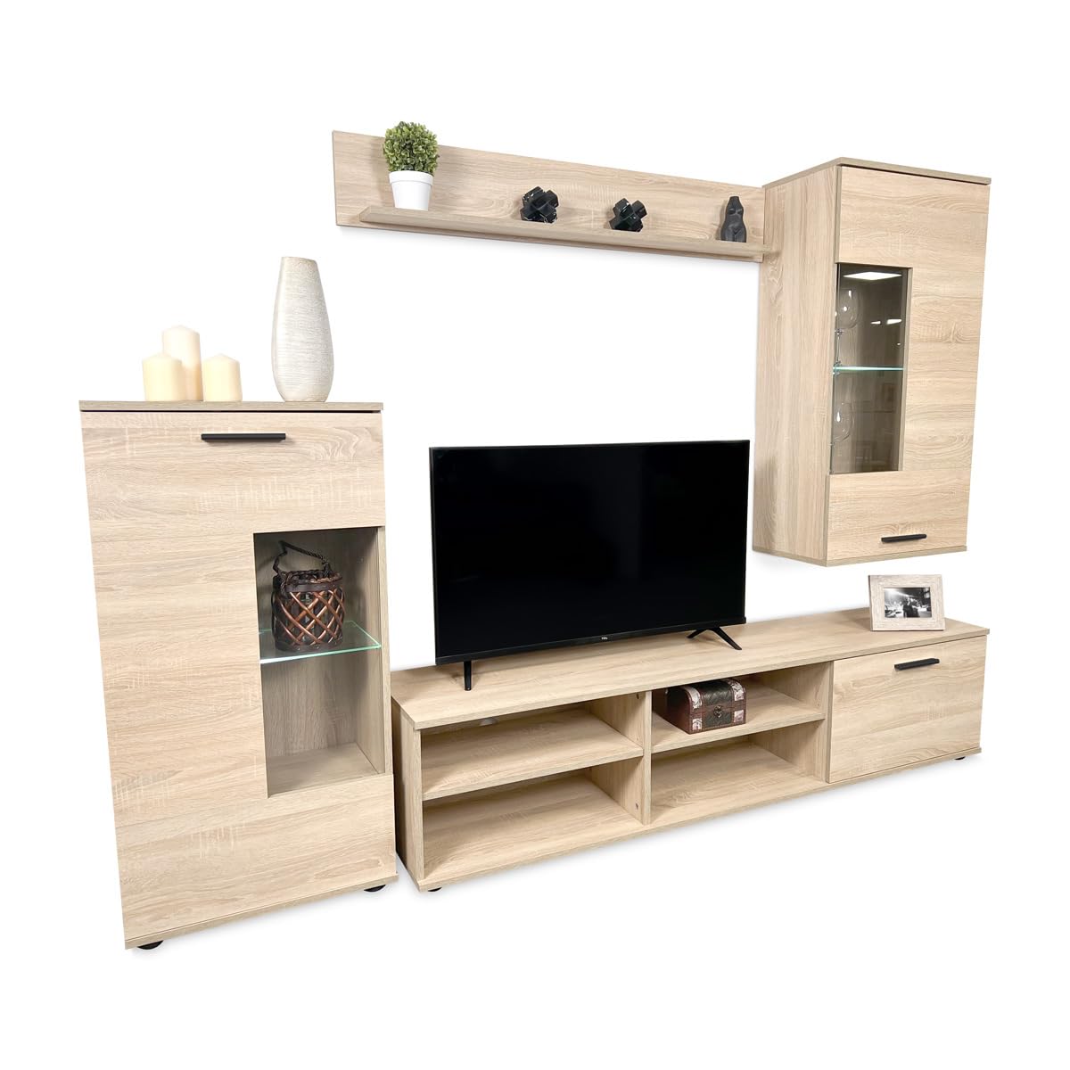 Homey - Mueble de Salón Moderno con Leds, Módulos de Comedor, Modelo Alba, Acabado en Cambria, Medidas: 229 cm (Ancho) x 200 cm (Alto) 38 cm (Fondo)