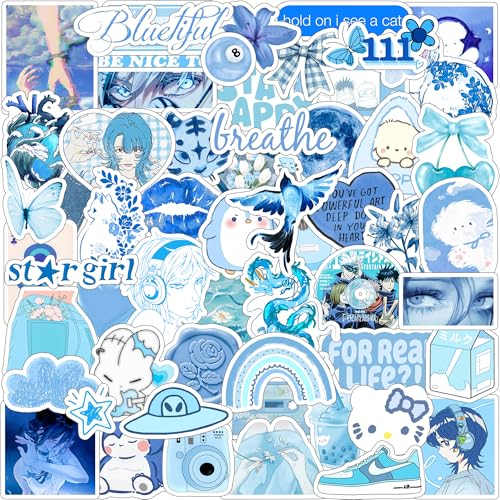 ThePaper9Store Blue Aesthetic Sticker Pack (55+ Pieces) | Cool Blue Vibes | Glossy Premium Vinyl | Waterproof, Scratch & Fade Resistant | Durable Stickers for Laptop, Bottle, Phone & Bike