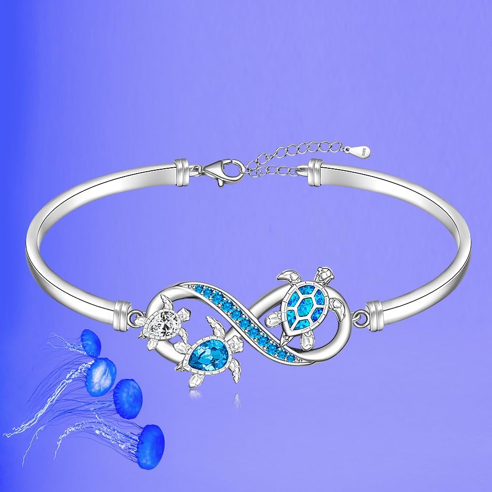 Fenthring Turtle Bracelet for Women Blue Opal Sea Turtle Bracelet Bangle Sterling Silver Infinity Ocean Hawaiian Jewelry Birthday Mothers Day Gift