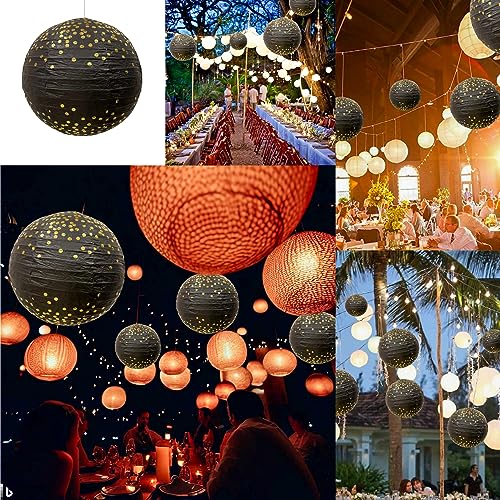 Image of Wanna Party Black Gold Party Decorations 12 inch Round Chinese Paper Lanterns,Black with golden polka dots Paper Lanterns Decorative for Wedding Graduation Anniversary Diwali Birthday Party