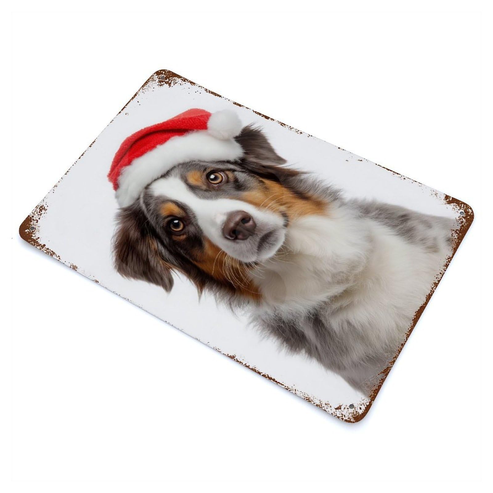 Garage Style Australian Shepherd Dog with Santa Hat Portrait Vintage Rust Metal Sign 11.8"x7.9", Rustic Home Decor for Bar And Workshop