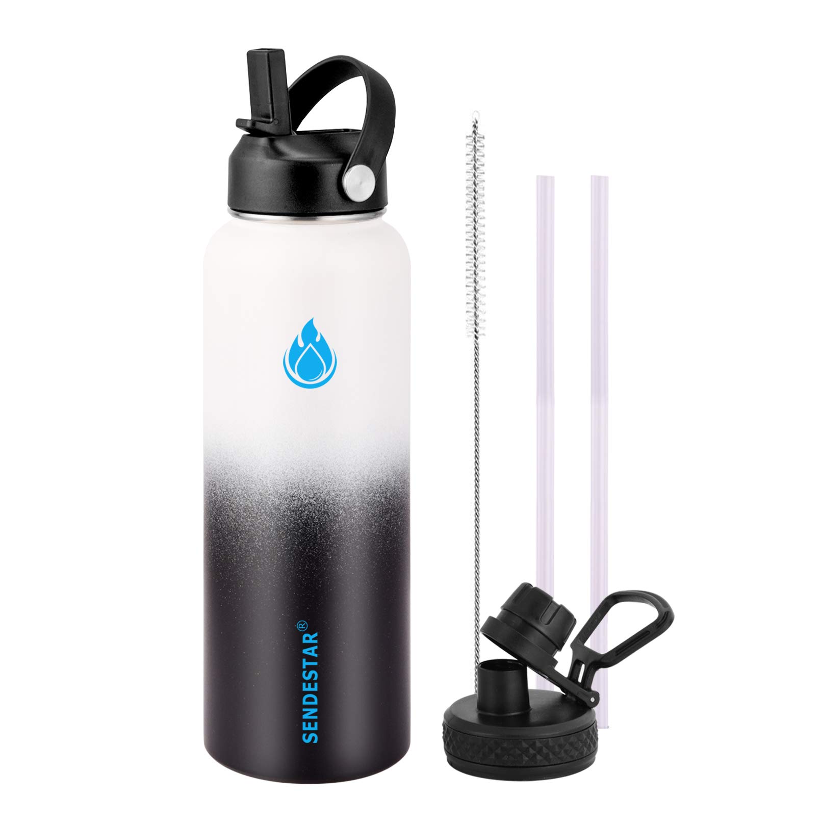 SENDESTAR Water Bottle 32oz Double Wall Vacuum Insulated Leak Proof Stainless Steel Sports Water Bottle—Wide Mouth with New Flex Straw Lid & Spout Lid (Day&Night)