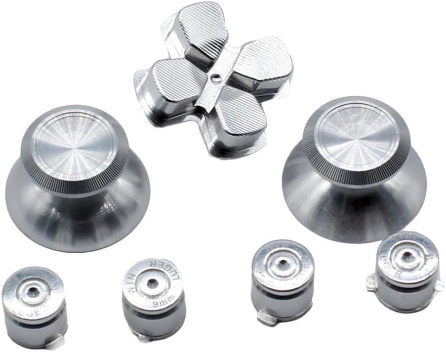 Metal Thumbsticks Kit, ABXY Buttons & Thumb Grip & Chrome D-pad Bullet Buttons for PS4 DualShock 4 (Silver)
