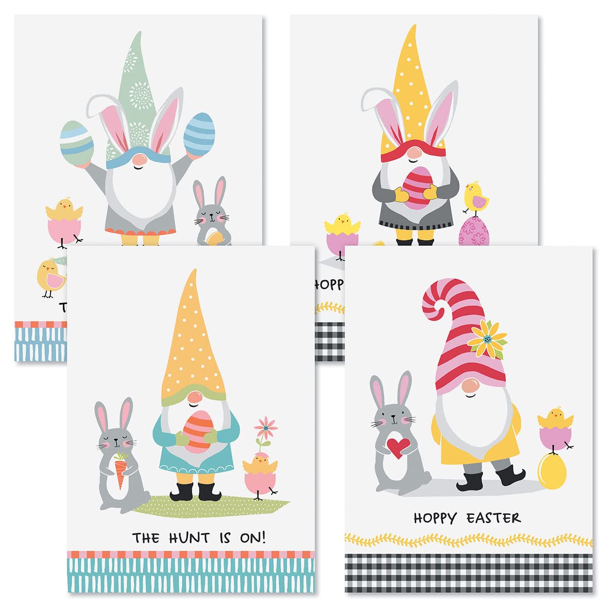 Current Gnomes Easter Greeting Card by Suzanne Nicoll - Set of 8 (4 Designs), Large 5" x 7", Easter Cards with Sentiments Inside, includes White