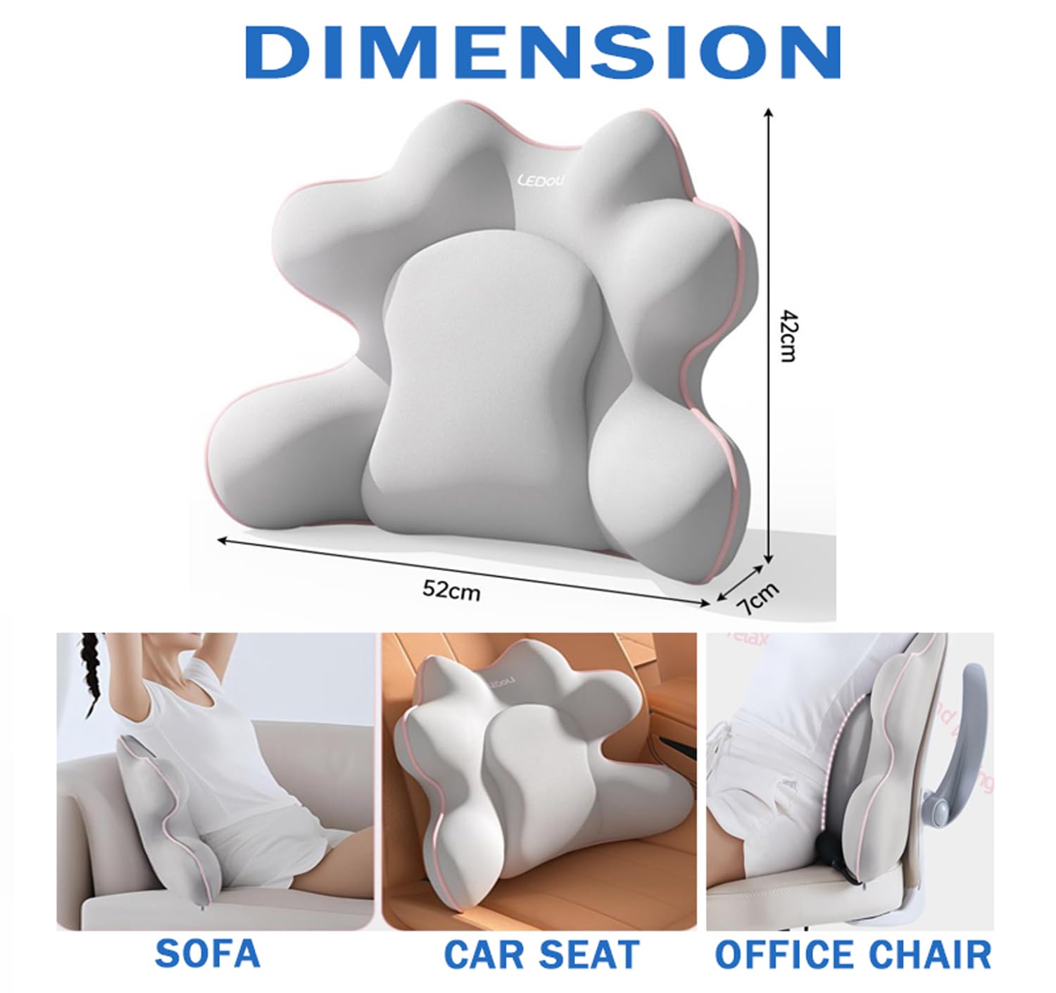 Cuscino di supporto lombare, per sedia da ufficio, sedia a rotelle, auto, conducente, gioco, in memory foam, per alleviare il dolore al coccige (52 x 42 x 7 cm, grigio chiaro)
