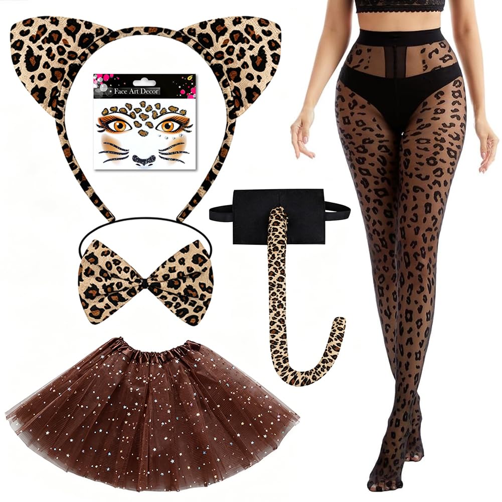 QYEHF Leopard Costume Set,Halloween Animal Costumes,Leopard Ear Cosplay Headband Tail,Bow Tie Tutu Halloween, Christmas, birthday party decorations
