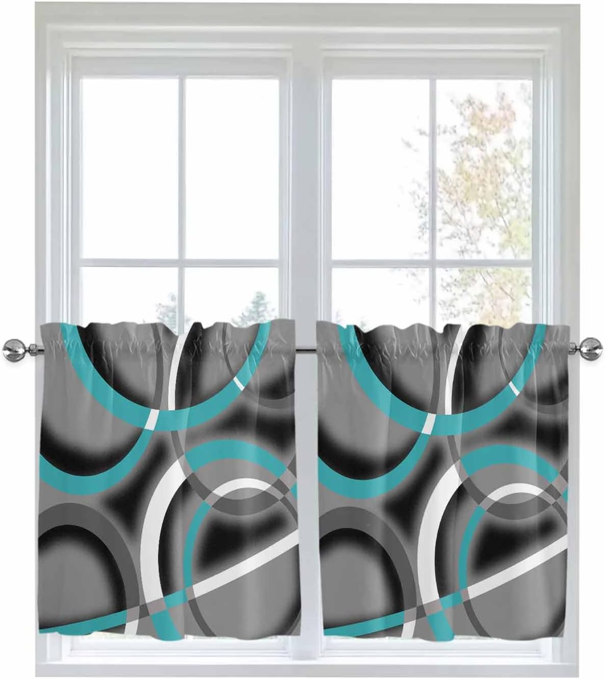 Turquoise Geometric Half Window Curtains 24 Inches Long, Grey Classic Abstract Lines Striped Window Treatment Curtain Drapes, Short Curtains Tiers for Kitchen Over Sink, 27.5"x24", 2 Panels