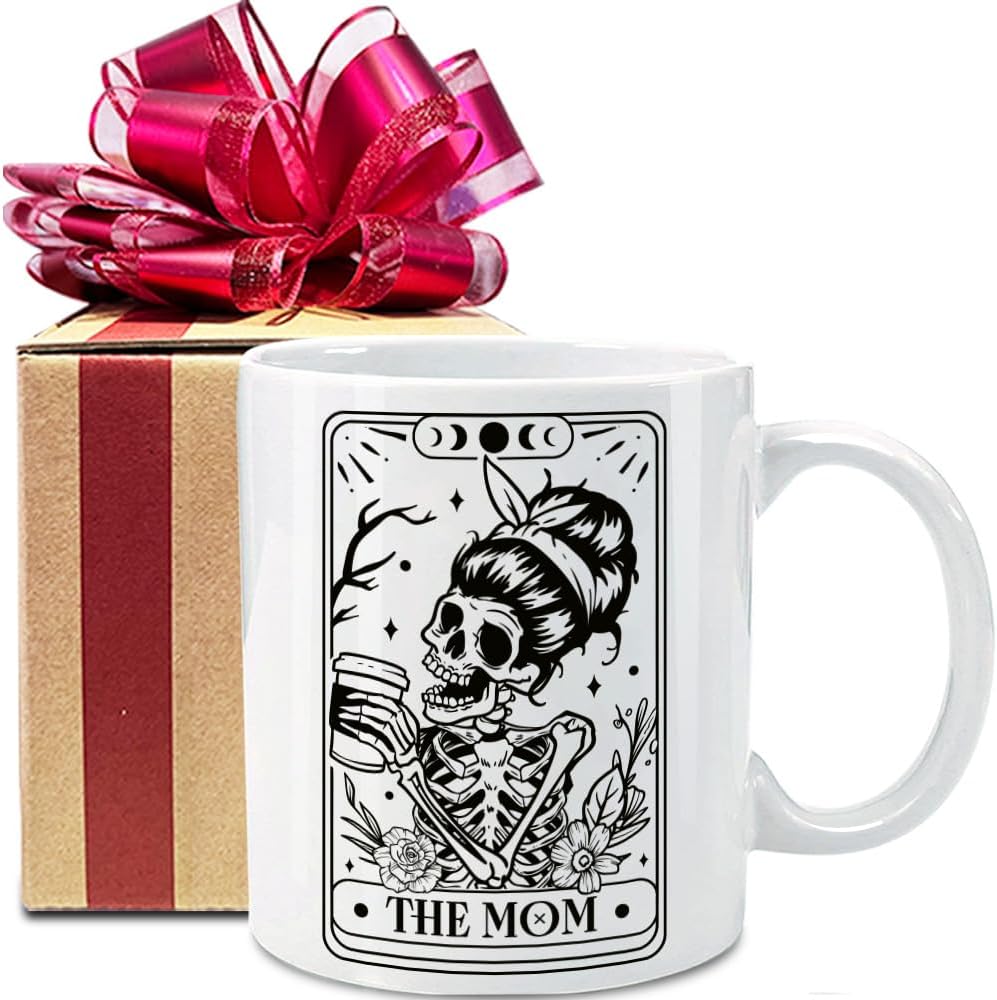 VLUG Skeleton The Mom Tarot Card Skull Mug Gifts for Mom, Tarot Lovers Gift, Halloween Skull Cup, Mama Witchy Gifts for Women, Goth Bday Gothic Spooky Gift for Mommy, Funny Skeleton Moms Mug