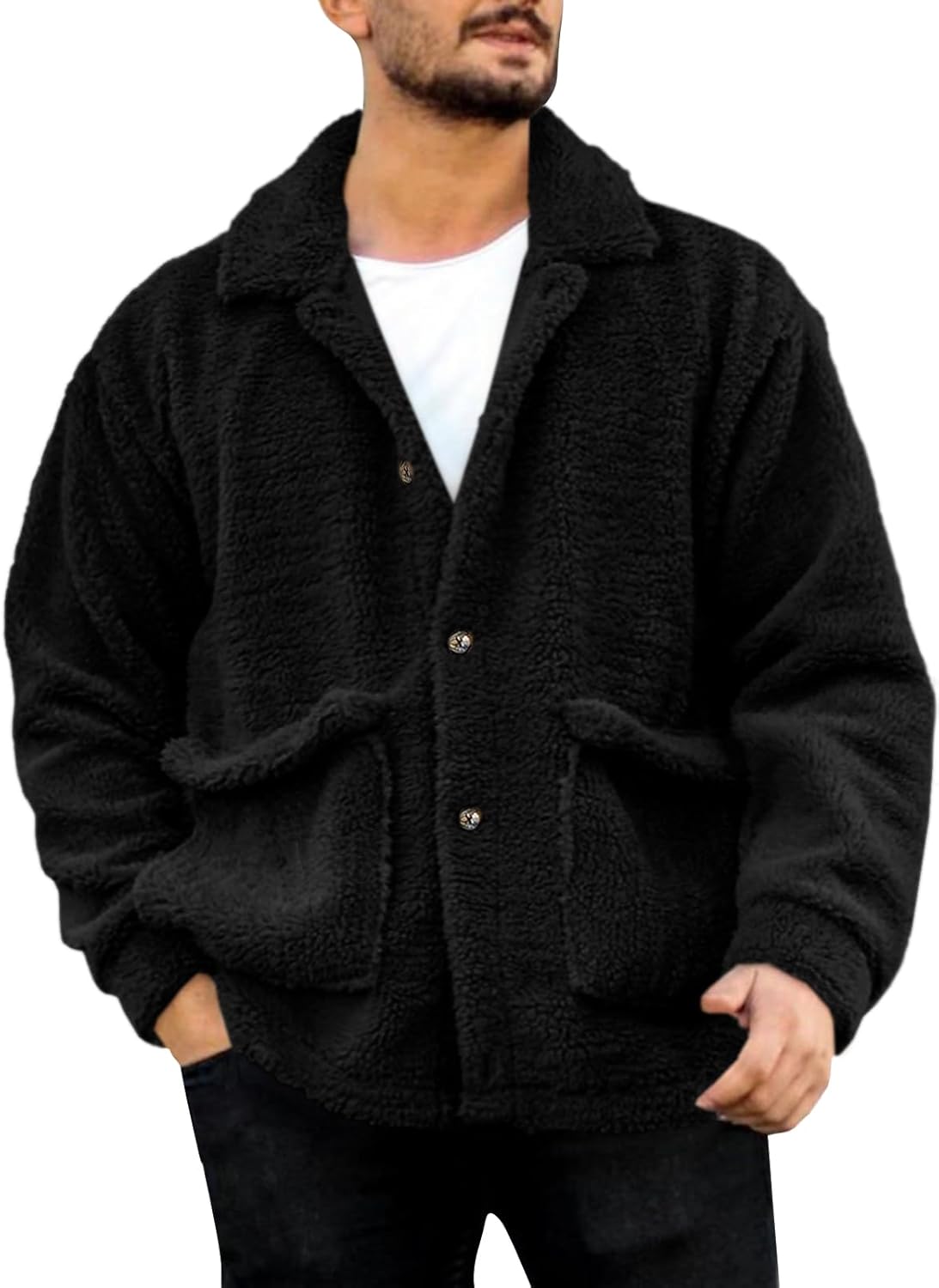 Runcati Mens Fuzzy Sherpa Jacket Fleece Long Sleeve Button Down Coat Fall Winter Warm Outwear