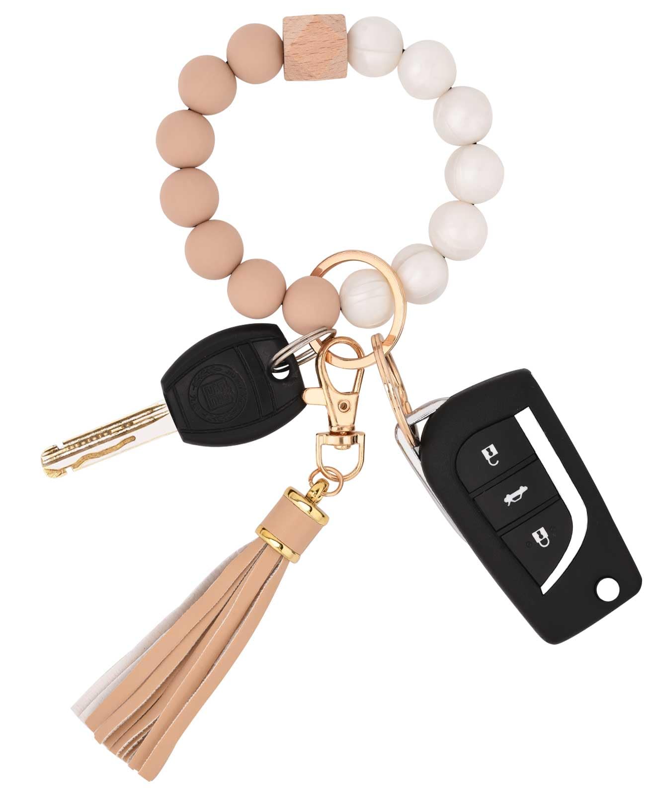 BAOSIWA Silicone Beaded Bracelet Keychain Wristlet Key Ring Bangle Chains for Women with Leather Tassel