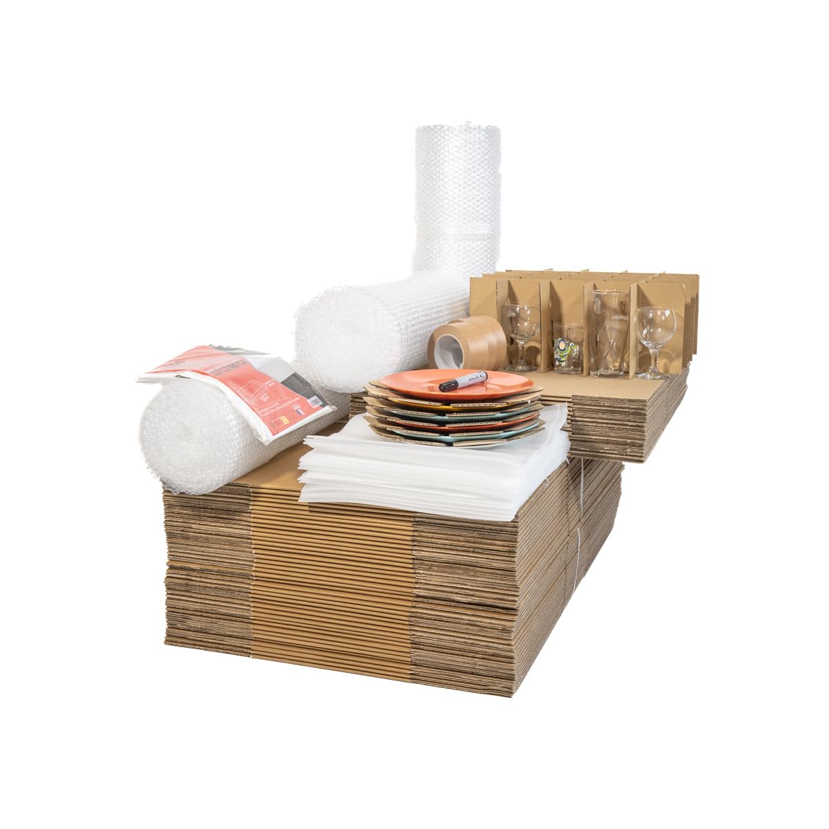 Kit de Déménagement pour appatements et maisons de type T3, avec cartons classiques, cartons vaisselle, films Bulle de Protection, adhésifs, housse pour matelas, sachets mousse et marqueur.