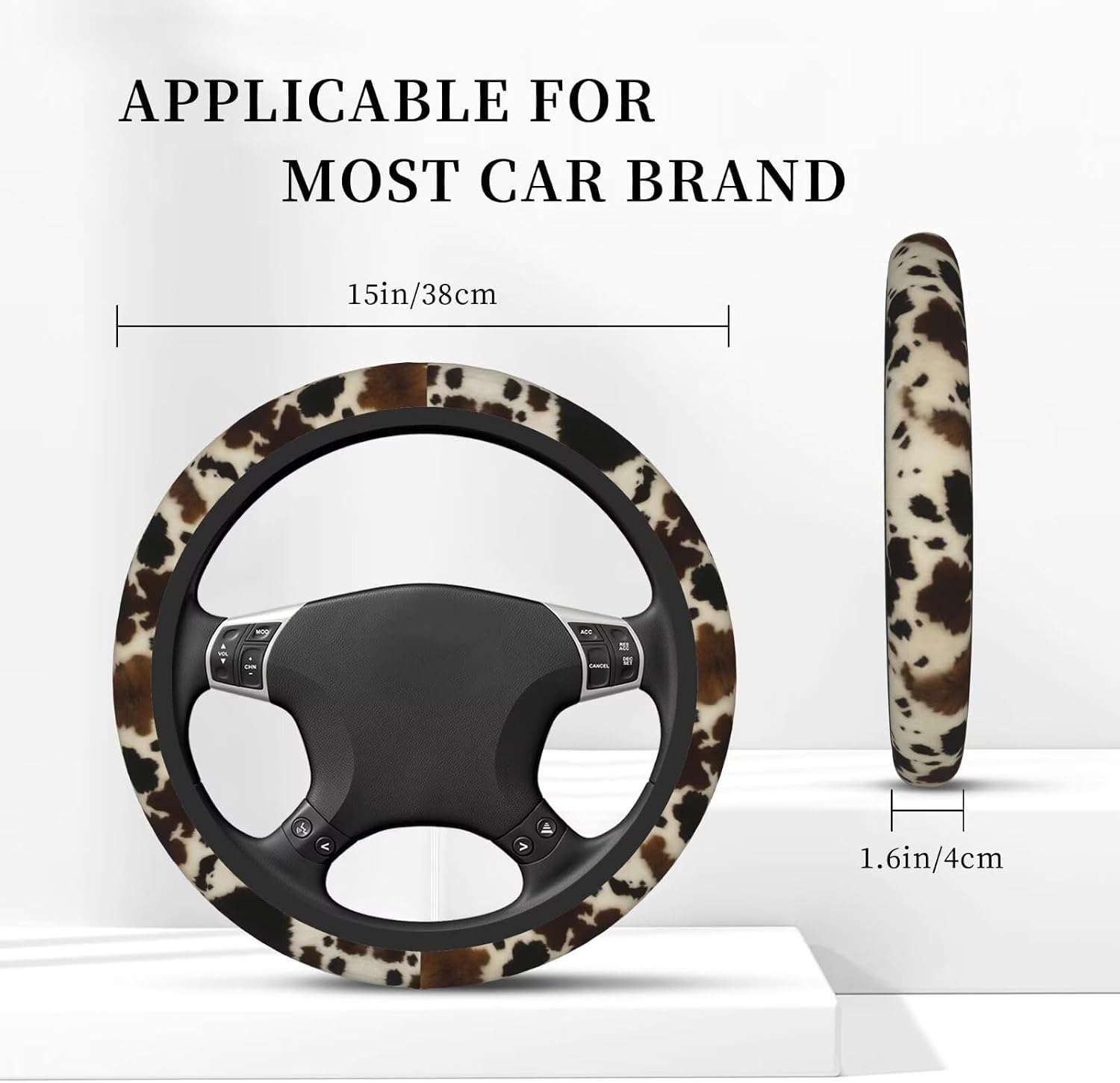 Cow Print Steering Wheel Cover - 2 Car Cattle Cup Coasters | Anti-slip Breathable Universal 14 - 15-In Vintage Cows Print Cute For Men Women