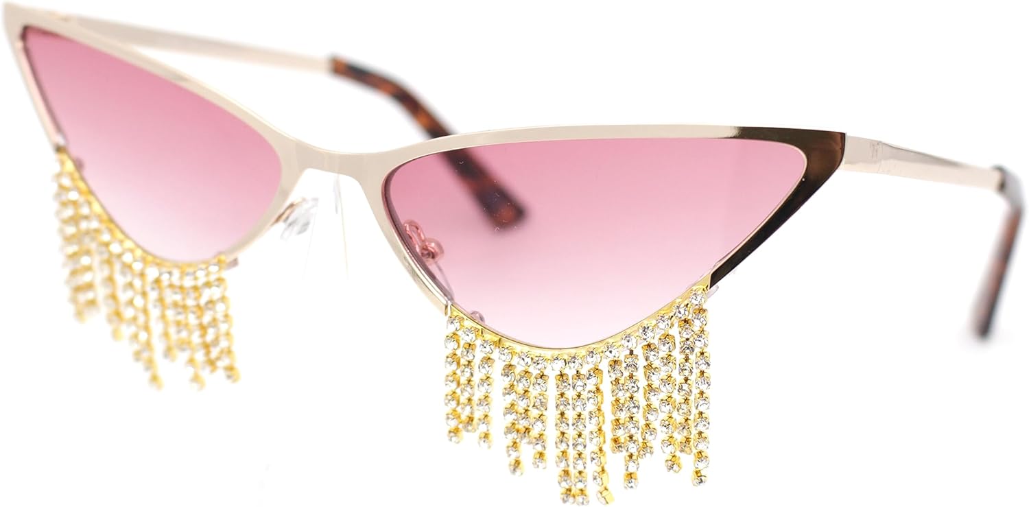 SA106 Womens Luxury Rhinstone Tassel Diva Metal Rim Cat Eye Sunglasses