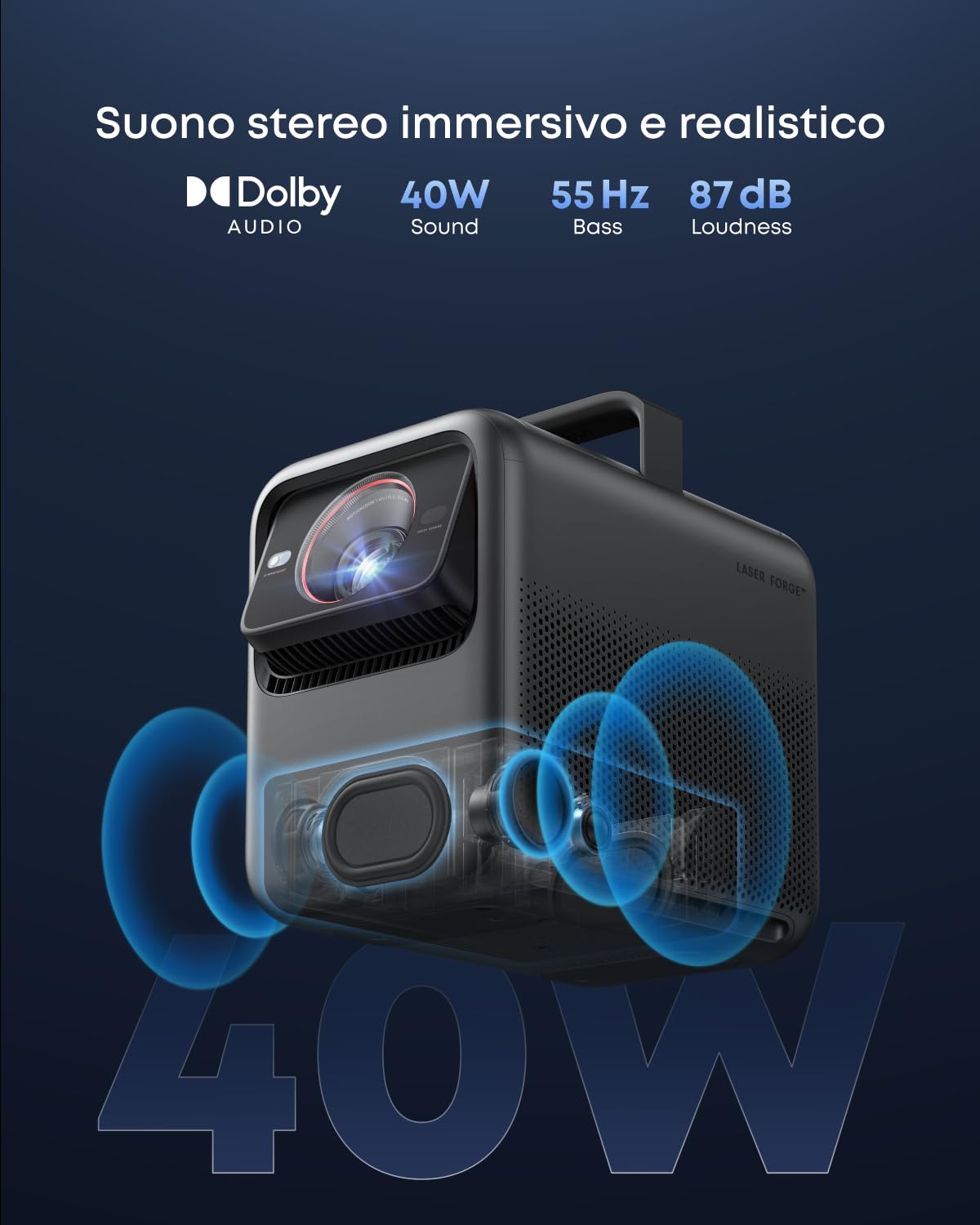 NEBULA X1 Proiettore 4K Triplo Laser, 3500 ANSI Lumen, Audio Stereo da 40W, AI Intelligente, Dolby Vision, Schermo da 300", Micro Sospensione Integrata, GTV, Portatile per Uso Esterno, Nero