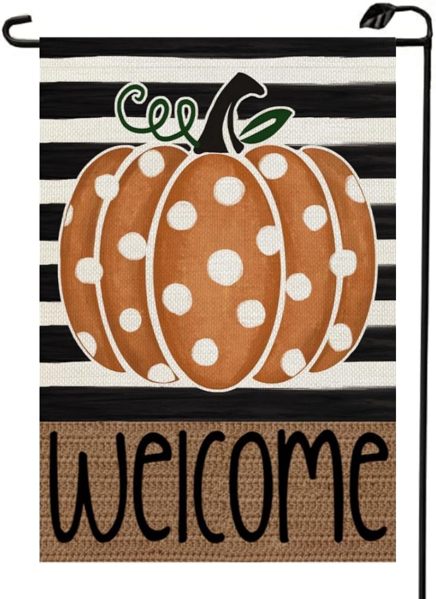 Welcome Fall Garden Flag 12x18 Inch Double Sided for Outside Stripes Polka Dots Orange Pumpkin Seasonal Small Flags Outdoor Decorations for Yard QJ11