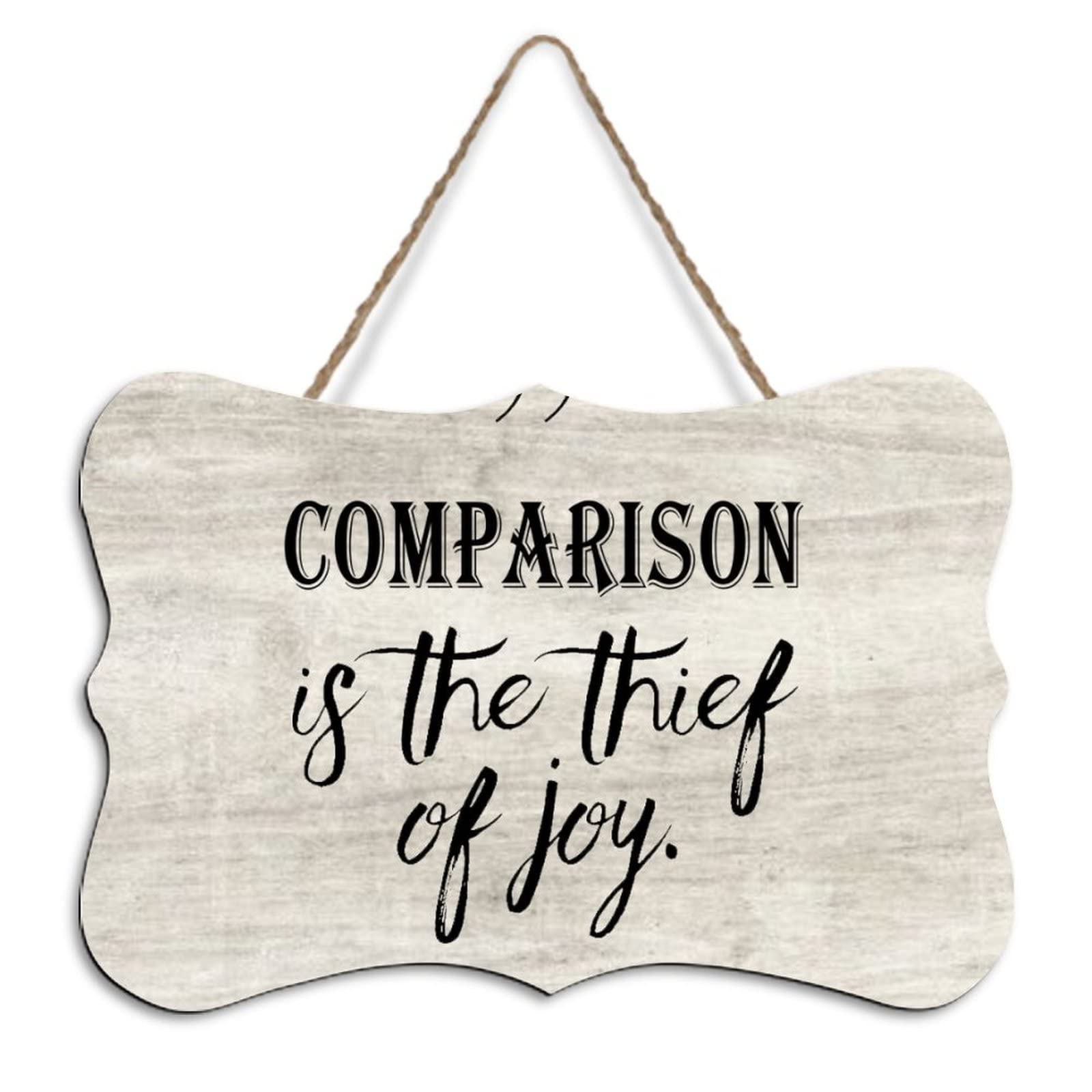 Yelolyio Rustic Hanging Wood Sign Comparison Is The Thief Of Joy Wooden Plaque Sign Home Wall Art Decor For Living Room Bedroom Farmhouse Office 8"X10"