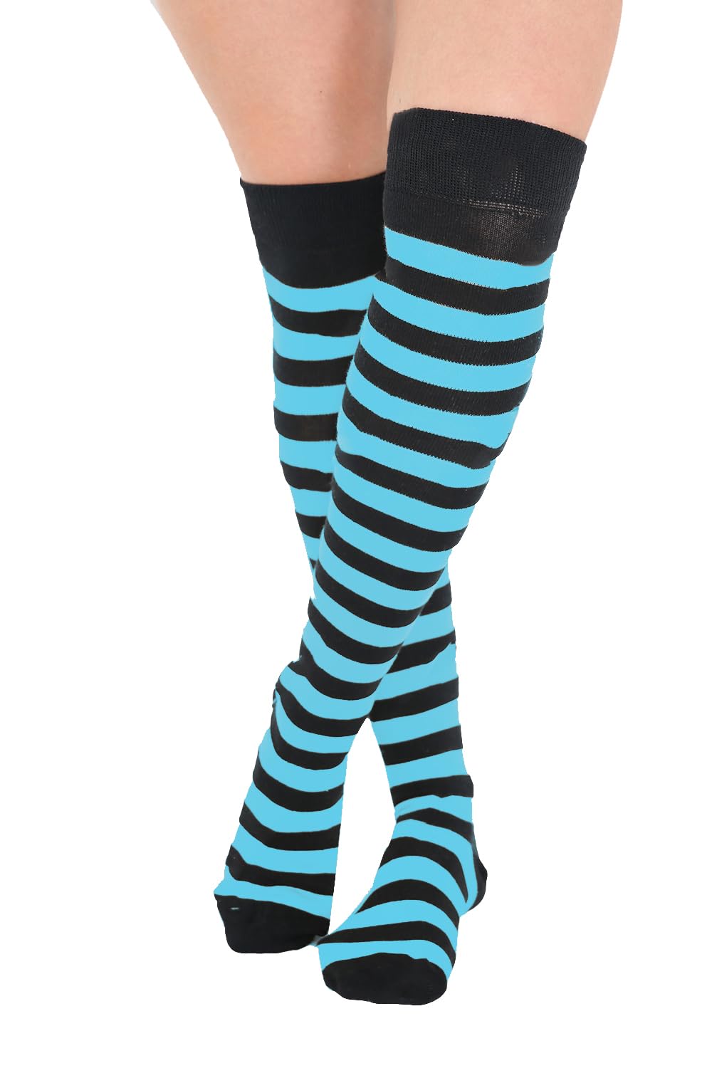 Ploutos World Wide Womens Ladies Stripe Over The Knee Socks Thigh High Girls Stretchy OTK Socks Fancy Dress Socks One Size (Turquoise black)