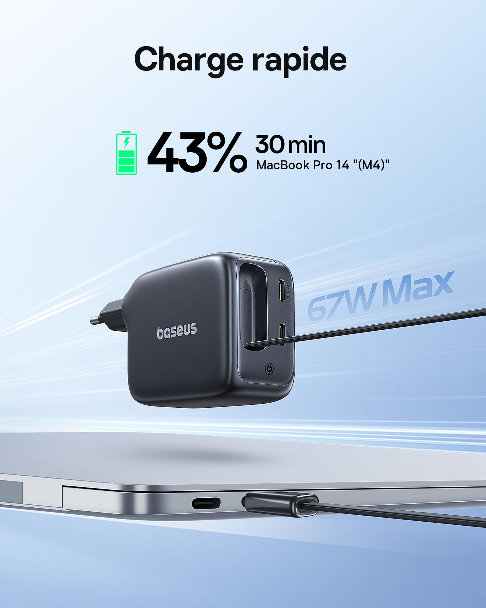 Baseus Enercore Chargeur USB C 67W avec Câble Rétractable, Chargeur GaN Compact avec 2 Ports USB-C, Compatible iPhone 17/16/15/14, Galaxy S25/24/23/22, MacBook Pro/Air, Dell, HP, iPad