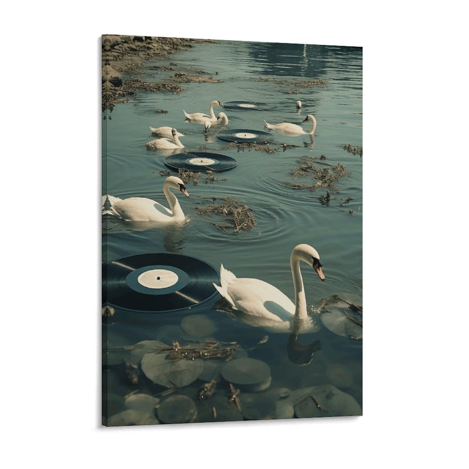 Swan And Record Canvas Wall Art for Bedroom 12x16inch Canvas Prints Artwork for Walls Modern Picture Artwork Painting for Living Room Aesthetic Wall Paintings for Bathroom Kitchen Office Deco