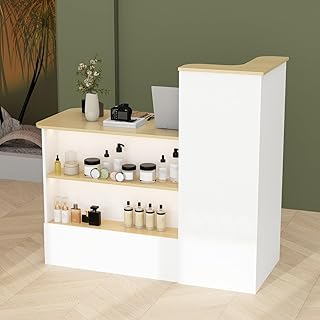 White Small Reception Desk with Lockable Drawer, Business Work Front Desk with Open Storage Shelves & LED Light, Compact Office Display Counter Table, Counter Reception Table for Salon